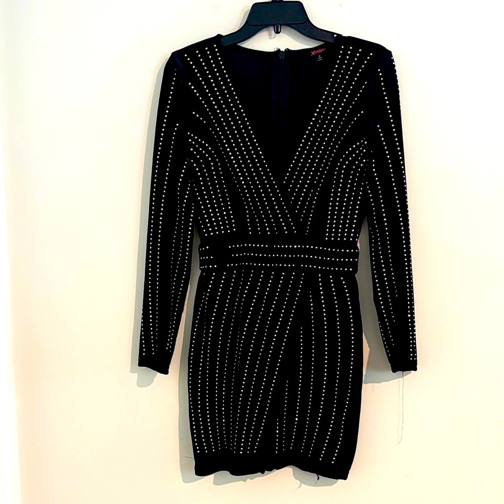 Xtaren Size M Elegant Black Studded Velvet Dress